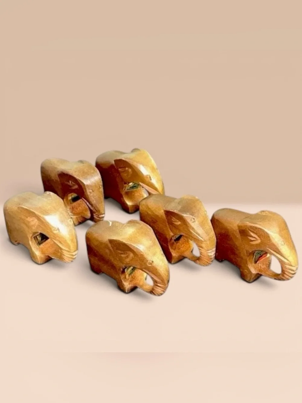 Carved Wooden Elephant Napkin Rings set of 6 Vintage Philippines